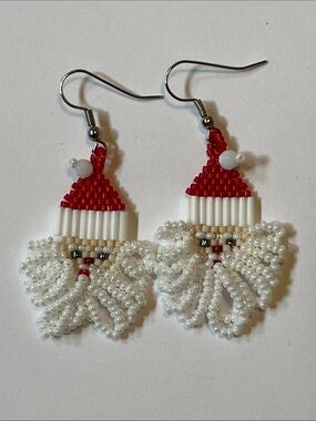 Handmade Beaded Santa Claus Earrings - Red & White